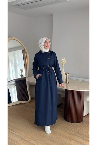 Esra Butik78 Şık Kesim Astarlı Trençkot Kendi Kumaşından Kemerli Tesettür Model Lacivert