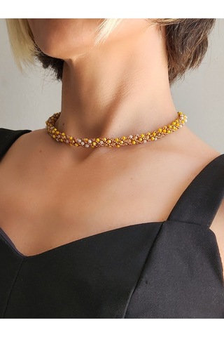 Etnik Bohem Sarmal Dönmeli Model Kristal Sarı Kristal Boncuk Kolye Sarı