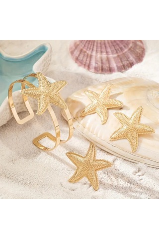 Deniz Yıldızı Charm Bileklik Ve Küpe Yüzük Seti Altın Kaplama