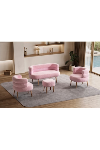 Barel Özel Tasarım Çay Seti Koltuk Takımı,berjer Ve Puf Ofis Balkon Cafe Bahçe Salon Mobilyası 4 Lü Takım Pembe Pembe
