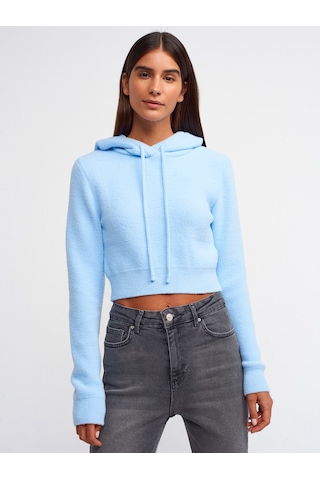 Dilvin Yumuşak Dokulu Kapşonlu Crop Kazak Mavi