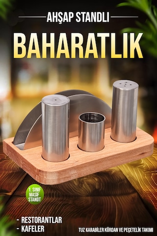 Ahşap Stantlı 4 Lü Kafe Restoran Tuzluk Ve Baharatlık Seti Menaj Diğer