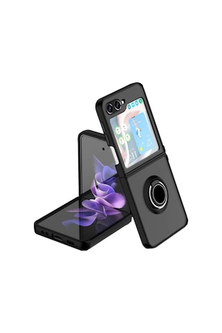 Samsung Galaxy Z Flip 7 FE Uyumlu Kılıf Yüzüklü Standlı Extra Koruma Sert Silikon Kapak -Siyah