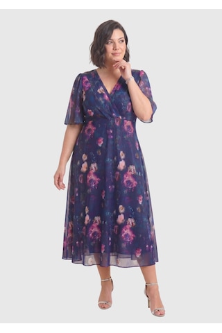 Lilas Xxl Büyük Beden Pembe Çiçekli Pile Yaka Kısa Abiye Şifon Elbise