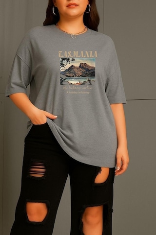Büyük Beden Tasmania Baskılı Unisex Tişört Gri