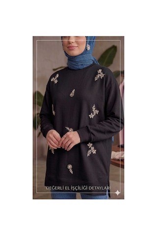 Butik Kadın Boncuk Taş İşlemeli Sweatshirt Siyah Siyah