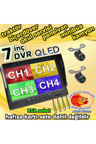 2 Adet Ledsiz Ahd 720p 170'' Balık Gözü Lens Kelebek Kamera 256 Gb 7 İnç Hybrid Dvr Monitör 12 Volt