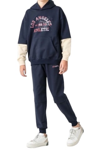 Erkek Çocuk Athletic Yazılı Kapüşonlu Kanguru Cepli Lacivert Renk Eşofman Takımı Lacivert