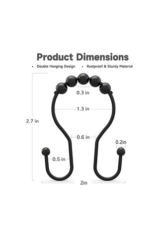 12 Adet Duş Perdesi Kancası, Duş Perdesi Halkaları Siyah Siyah