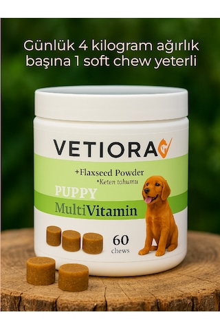 Vetiora Yavru Köpeklere Özel Multivitamin Güçlü Bağışıklık Ve Sağlıklı Tüyler. Çiğnenebilir Tablet, 150 Gr