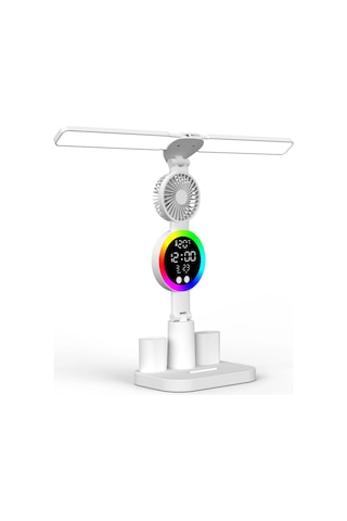 Shopytech Çift Başlıklı Led Masa Lambası Fanlı Dijital Saatli Rgb Ambiyans Dokunmatik Type-c Şarjlı Çok Renkli