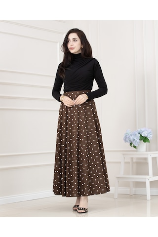 Sevitli Puantiyeli Maxi Etek-kahverengi-5718