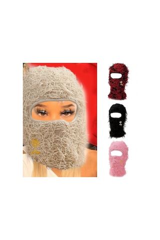 Y2k Balaclava Şapka Unisex İşlemeli Güllü Örme Şapka Sonbahar Ve Kış Pürüzlü Saçaklı Fotoğraf Aksesuarları Çok Yönlü Cadılar Bayramı Kırmızısı Diğer