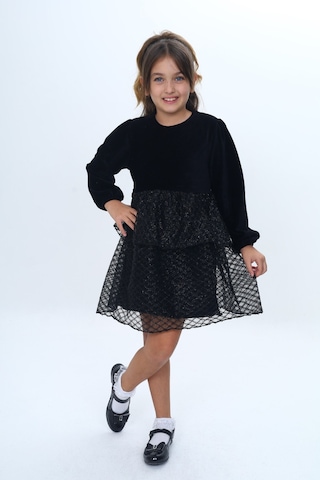 Toontoy Kız Çocuk Kadife Kat Kat Fırfır Detaylı Elbise Siyah