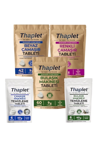 Thaplet Avantajlı 5li Set Beyaz Ve Renkli Çamaşır Deterjanı Tableti Ve Bulaşık Makinesi Tableti + Çamaşır Ve Bulaşık Makine Bakım Tabletleri