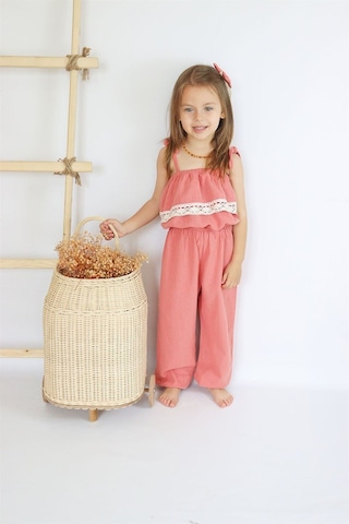 Kız Çocuk Pera Somon Şile Bezi Askılı Dantel Detaylı Tulum Toka Takım Tlm-0059.12 Somon