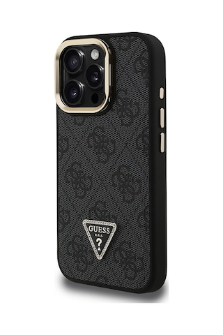 Apple iPhone 16 Pro Uyumlu Kılıf Guess Lisanslı Üçgen Logo 4g Desenli Kamera Standlı Kapak Siyah