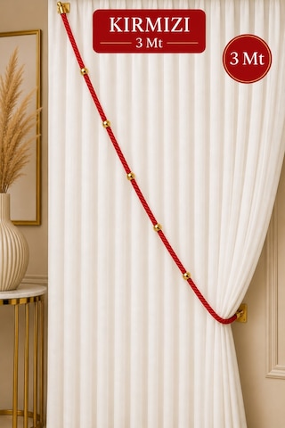 Kırmızı Kruvaze Perde Tavan Korniş Bağlama Halatı - Gold Detaylı - Perde Süsü - 3 Metre - 1 Adet