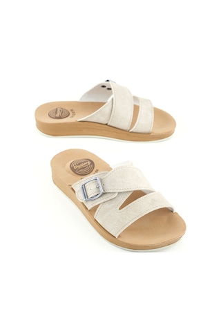 Gezer Kadın Yazlık Alt Taban Pu Suni Deri Tek Toka Ayarlanabilir Rahat Masaj Taban Günlük Terlik Bej