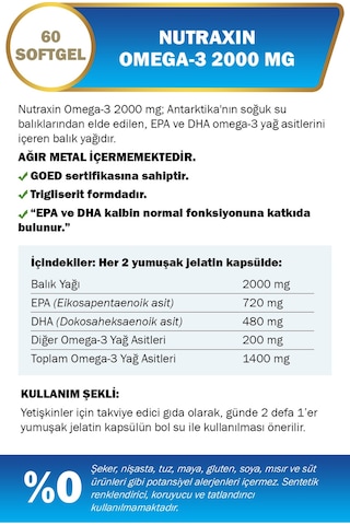 Nutraxin Omega 3 2000 Mg 60 Softjel - Balık Yağı, EPA 720, DHA 480 Mg
