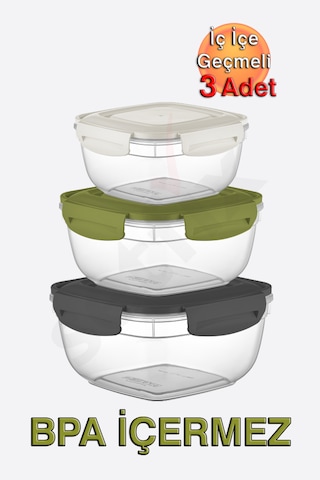 Fresh Box Kilitli Kare Saklama Kabı 500, 900, 1500 Ml Üçlü Set Karışık Renkli