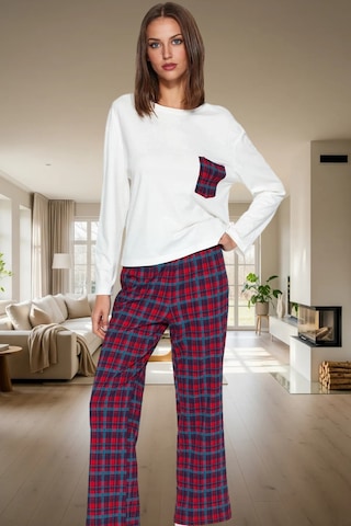 Ersefa Rahat %100 Pamuklu Ekoseli Pijama Takımı Boru Paça Kaşkorse Dokum Beyaz