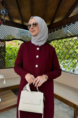 Sinem Çelik Örme Triko Hırka Bordo Çok Renkli