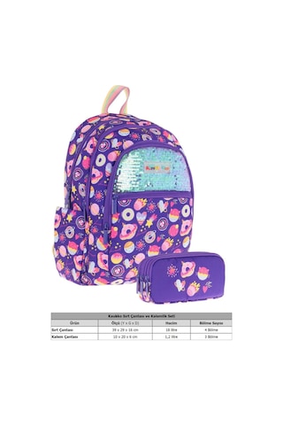Kaukko Kids Kız Çocuk Okul Çantası Ve Üç Bölmeli Kalemlik Seti Mor - Pullu Şekerleme - L5216+l8216 Mor