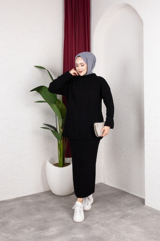 Hira Life Fashion Kadın Bel Lastikli Kolu Katlı Ve Kalem Etek İle Tunik Triko İkili Alt-üst Takım Siyah Siyah