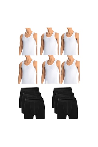 Belifanti Collection Erkek Pamuklu 6'Lı Beyaz Atlet Ve 6'Lı Siyah Boxer 12 Parça Set Beyaz