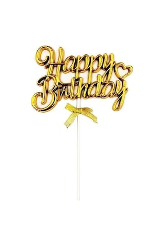 Happy Birthday Pasta Süsü Krom Yazı Kürdanlı Gold Dekoratif Pasta Üstü +3