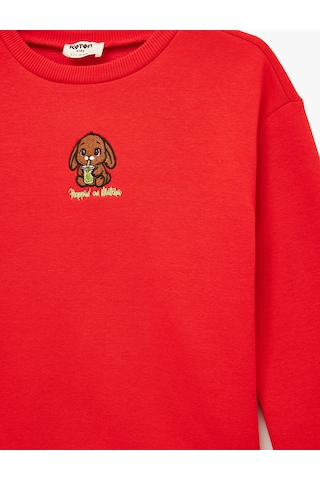 Koton Uzun Kollu Bisiklet Yaka Nakış Detaylı Şardonlu Sweatshirt Kırmızı 6wkg10618ak Kırmızı
