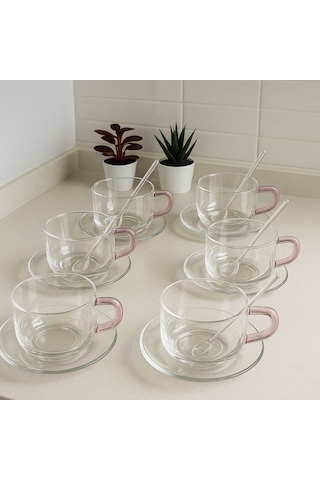 Qerhome 6'lı Borosilikat Cam Tabaklı Ve Kaşıklı Sof Elegance Çay Ve Kahve Kupası 330 Ml Şeffaf
