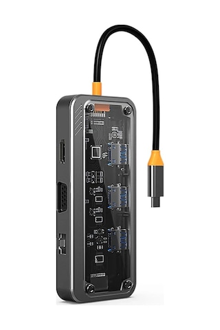 Ally Sw1v-pro Type-c To Usb3.0 3adet+ 3.5mm+ Hdmı+ Vga+ Sd + Tf + Ethernet Çoğaltıcı Transparan Hub- 5775 Renkli