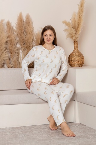 Uzun Kollu Büyük Beden Kadın Pijama Takımı- Çiçek Desenli Pijama - Pinterest Basic Kadın Pijama Hardal