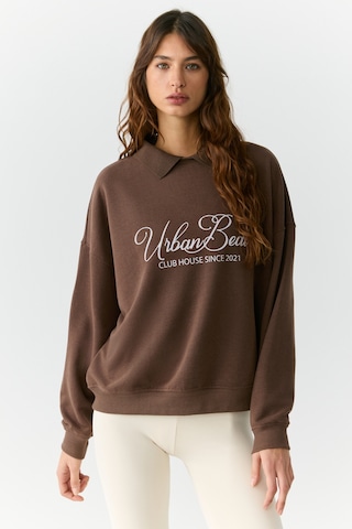 Urban Beat Alexıa Kadın Triko Gömlek Yakalı Baskı Detaylı Relaxed Kahverengi Sweatshirt Kahverengi