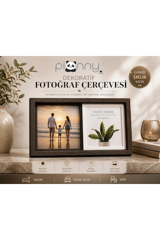 Pionny 2 Fotoğraflı Orta Boy Sürgülü Dekoratif Ahşap Çerçeve 10x15 Cm Koyu Kahve