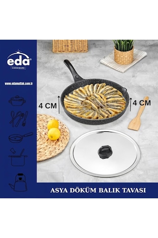 Eda Asya Döküm Granit Metal Kapaklı Balık Tavası Siyah