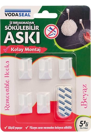 Vodaseal İz Bırakmadan Sökülebilir Küçük Askı - 5 Parça - Beyaz Beyaz