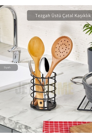 Jet's Home Yuvarlak Çatal Kaşıklık Paslanmaz Tezgah Üstü Servis Standı Düzenleyici Çelik Siyah Siyah