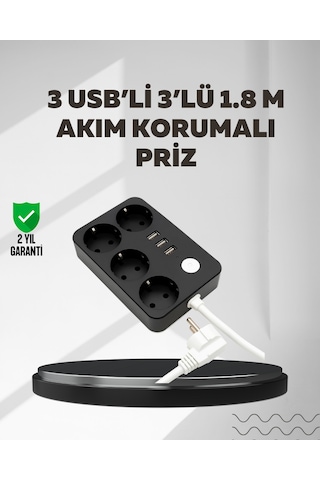 4.1a Hızlı Şarjlı Akım Korumalı 4 Priz Ve 3 Usb Çıkışlı Priz