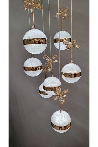 Şık Tarz Modern Led Avize Gold Ledli Salon Avizesi Kelebek Taşlı 7lı Sarı