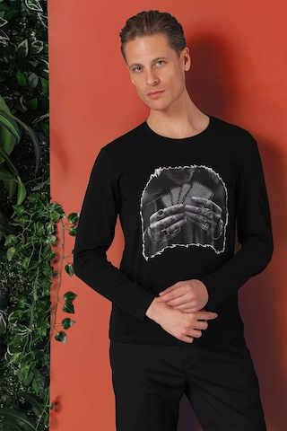 Efor Slim Fit Baskılı Bisiklet Yaka Esnek Pamuk Siyah Tişört Ts 868 Siyah