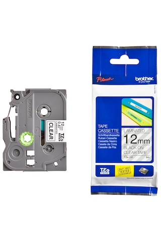 Tze-131 12mm Şeffaf Üzerine Siyah Laminasyonlu Etiket