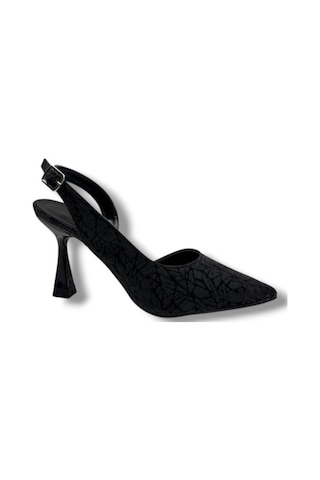 Mengi 685-26 Parlak Simli Saten İnce Topuk Arkası Açık Kadın Stiletto 9cm Siyah