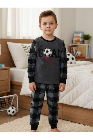 Zekids Erkek Çocuk Goal Baskılı Polar Pijama Takımı-16816 Füme