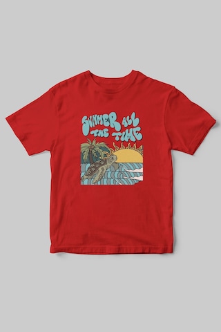 Yaz Zamanı Summer Time Caretta Caretta Deniz Kum Güneş Baskılı Regular Fit %100 Pamuk T-shirt Kırmızı