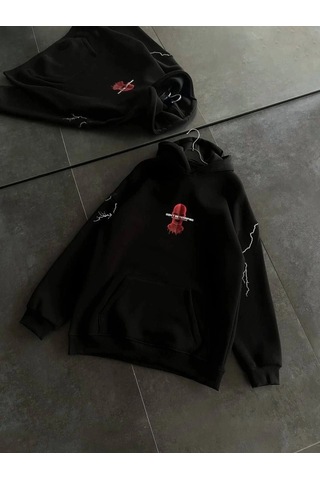 Vexor Üç İplik Kapşonlu Baskılı Oversize Sweatshirt- Siyah