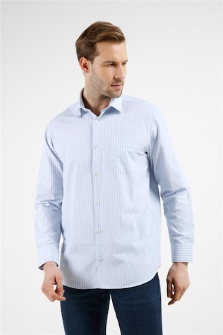 İmza Mavi - Beyaz Çizgili Desen Sert Yaka Uzun Kol Cepli Comfort Fit Pamuklu Gömlek 1004255277 Mavi - Beyaz