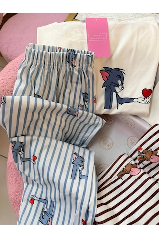 Mh Moony Homewears Erkek Tekli Kedicik Pijama Çift Pijamasının Erkeği Erkek Krem